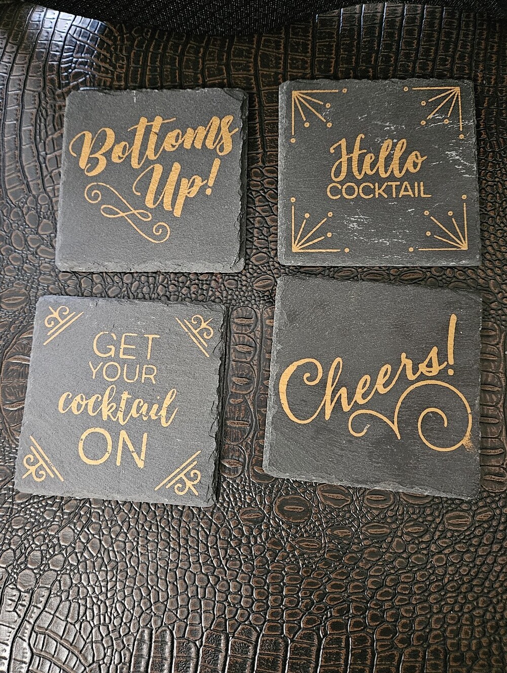 Gold Script Slate Coaster Set - Black and Gold 4 Ct
